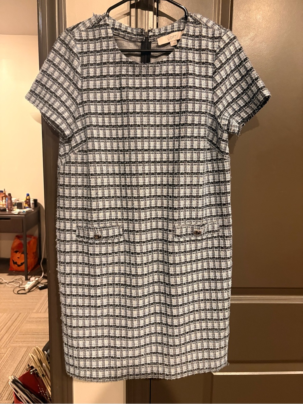 LOFT Light Blue and White Tweed Shift Dress with Pocket Detail